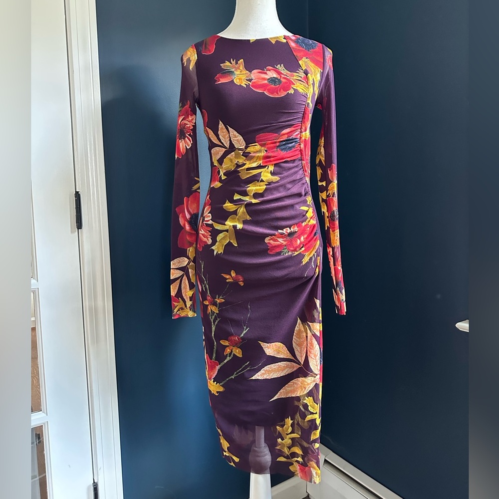 Fuzzi Abito Mesh Long Sleeve Ruched Midi Dress, Size XS - Picture 3 of 16